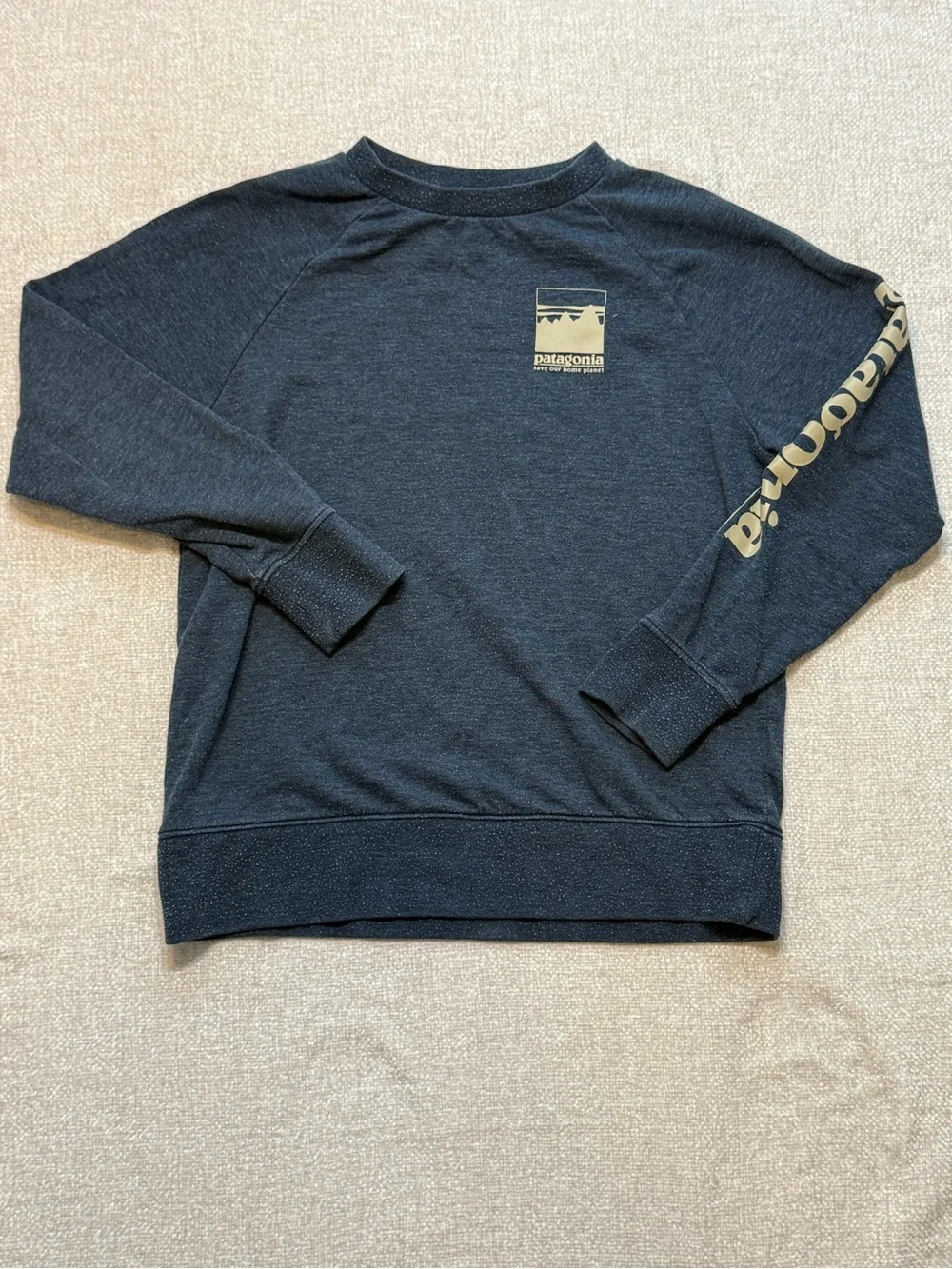 Patagonia Dark Navy Crewneck with Tan Logo and Sleeve Script